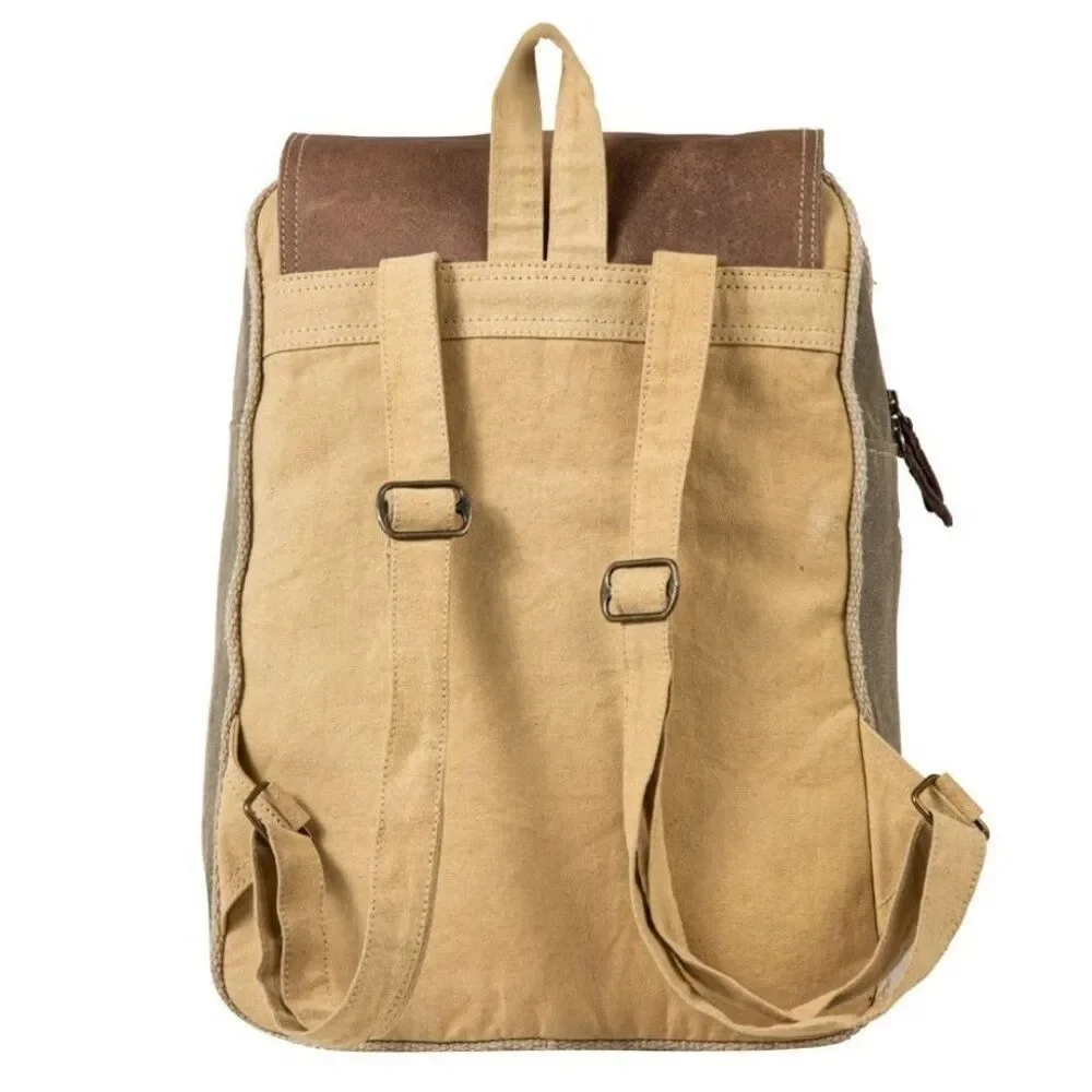 Myra Bag Handmade Chesternut Backpack Upcycled Canvas & Cowhide Leather
